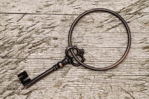 vintage key with ring on a grungy wooden background