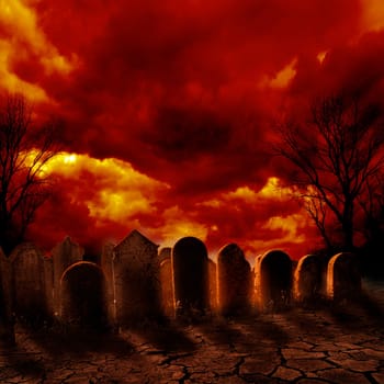 Spooky graveyard with burning sky