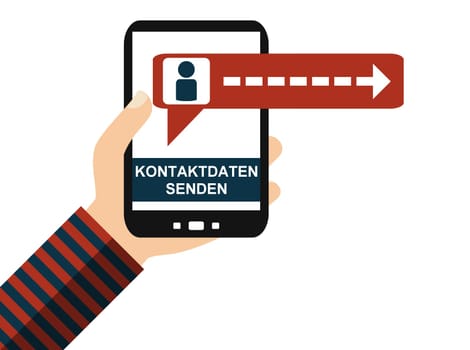 Hand with smartphone: Sending personal data in german language
