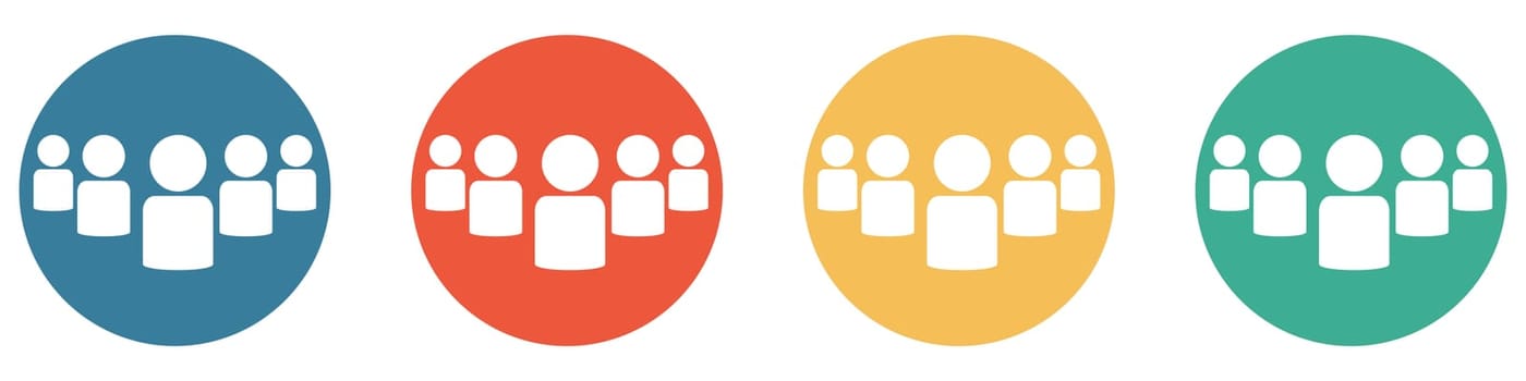 4 colorful Buttons blue, red, orange and green showing: Group of 5 People