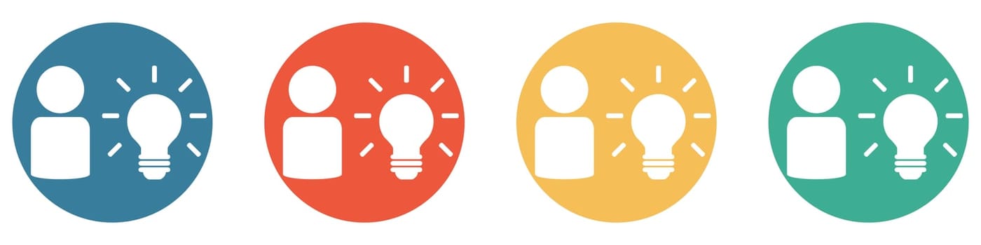 4 colorful Buttons blue, red, orange and green showing: Person and lightbulb - Creativity