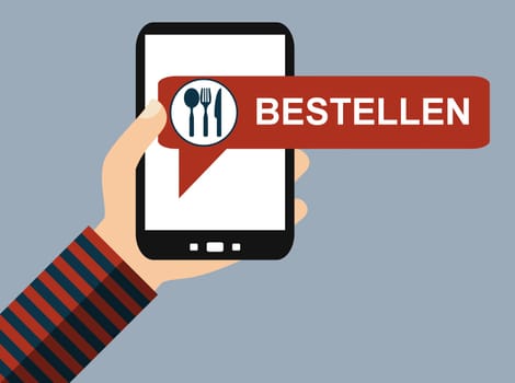 Hand with smartphone: Order food in german language