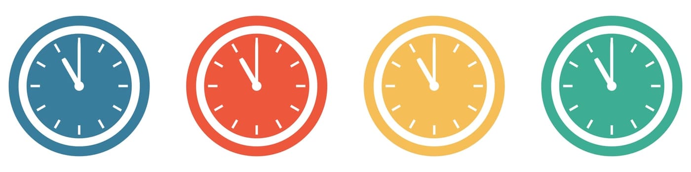 4 colorful Buttons blue, red, orange and green showing: Time, Clock or Watch