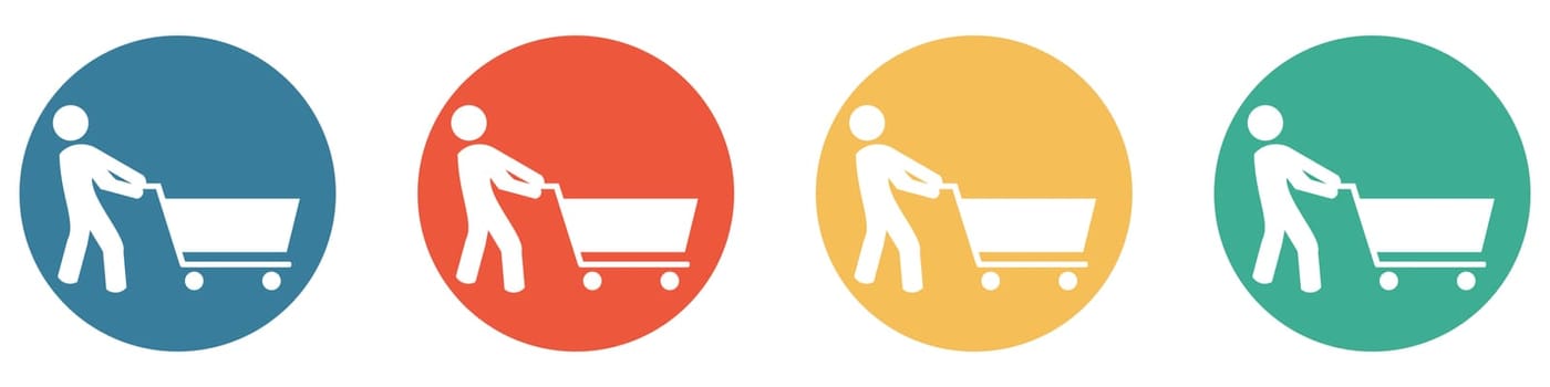 4 colorful Buttons blue, red, orange and green showing: Supermarket or grocerie