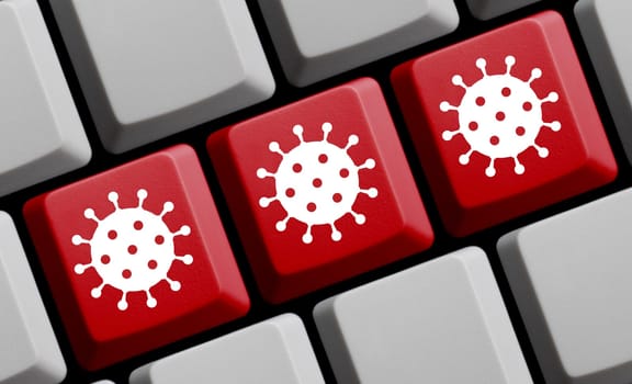 Red computer keyboard - Three covid-19 icons 3D illustration
