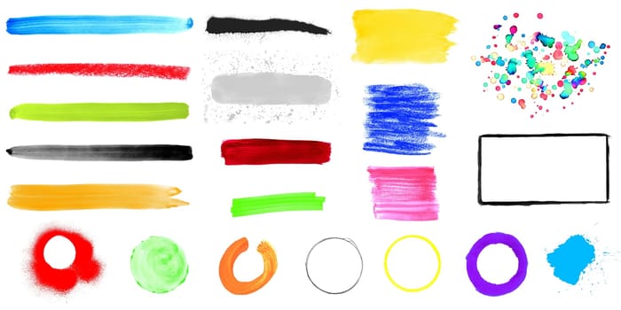 Collection of colorful hand painted brush and pencil elements for decoration and layout
