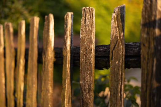 Close up of picket in an aged wooden fence with green background. Regular structure of wall around a garden in an old town. Concept of privacy.