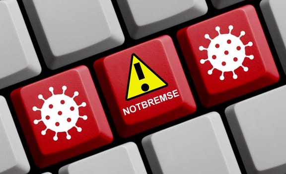 Red computer keyboard showing Emergency break in german language - Covid-19 concept 3D illustration
