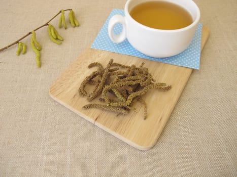 Herbal tea with hazel catkins, hazel flowers from hazel bush