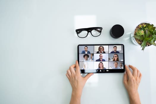 Online Virtual Meeting On Tablet. Video Conference Webinar