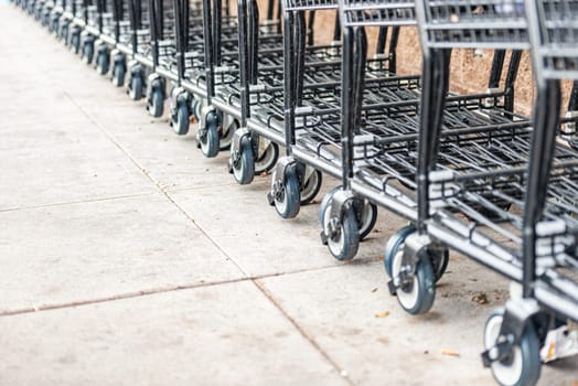 row of empty shopping carts in the big supermarket in California, USA