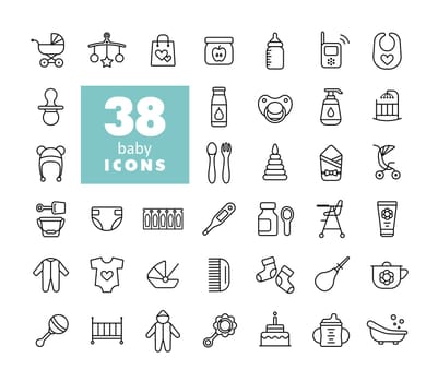 Baby, feeding and care icons set. Graph symbol for children and newborn babies web site and apps design, logo, app, UI
