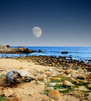 Moon setting Asilomar State Marine Reserve Monterey Bay California