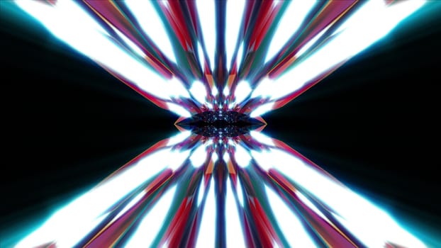 Geometric glowing lines 3d render of crystals with optical highlights. Futuristic hyper transition in hypnotic synthwave space. Digital design decoration in modern web art.