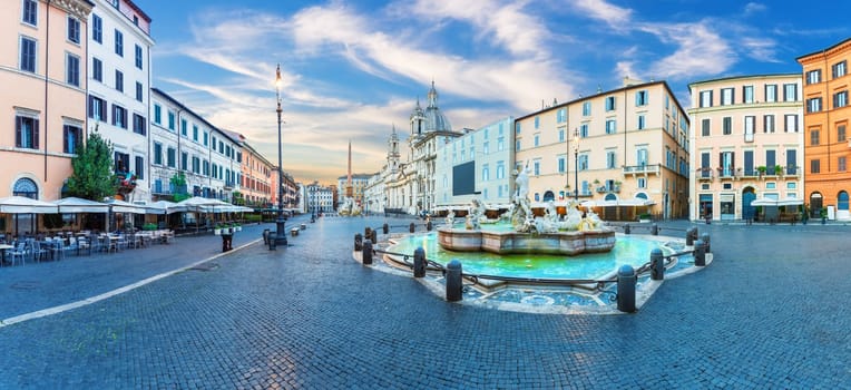 Fountain of Neptune in Piazza Navona at sunrise, full panorama, Rome, Italy.