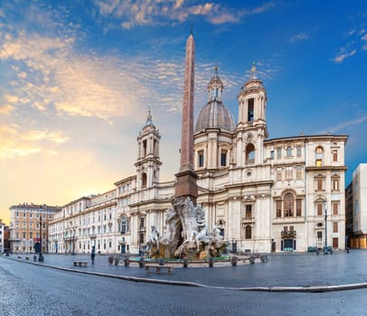 Fountain of the Four Rivers by the Church of Sant'Agnese by Bernini in Piazza Navona, Rome, Italy.