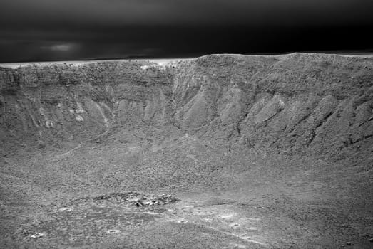 Black and white of Storm approaching Meteor Crater in Arizona