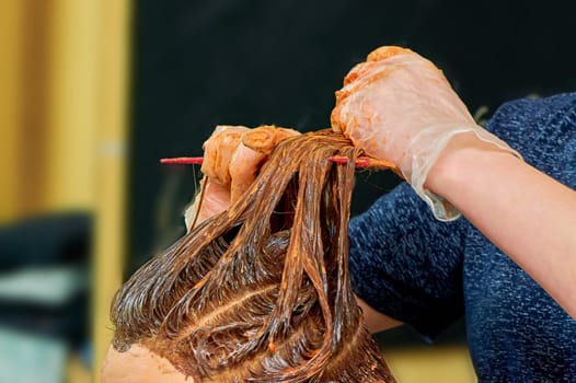 The process of painting women's hair in a barber shop close-up. High quality photo