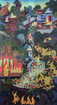BANGKOK ,THAILAND - NOVEMBER 5, 2014 : Ancient Buddhist temple mural painting of the life of Buddha inside of Wat Kalayanamitr Varamahavihara in Bangkok, Thailand