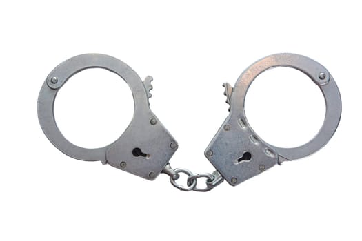 Metal handcuffs on a white isolated background. High quality photo