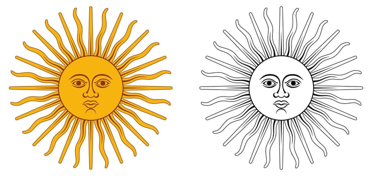 Sun of May - national emblem of Argentina and Uruguay. Yellow circle with human face, with 32 rays, 16 straight / wavy, representing Inti god. Color / black and white version.