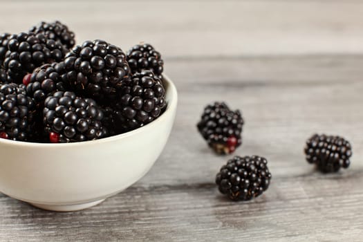 Closeup photo - small white porcelain bowl with blackberries, some of them spilled on gray wood table.