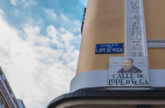 Lope de Vega, key figure in the Spanish Golden Age of literature. Street plaque at Madrid Literary Quarter