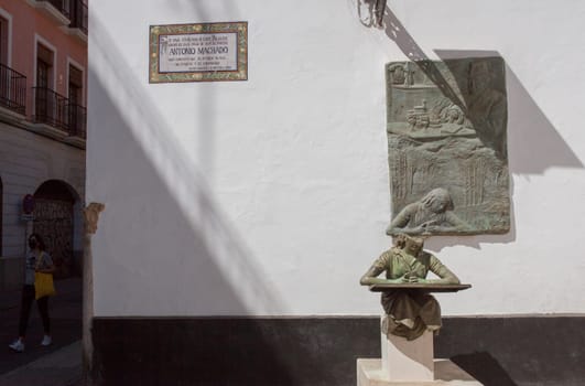 Seville, Spain - Sept 26th, 2020: Antonio Machado, spanish poet, leading figures of Generation of 98. Julio Lopez sculpter