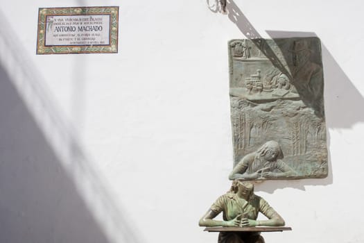 Seville, Spain - Sept 26th, 2020: Antonio Machado, spanish poet, leading figures of Generation of 98. Julio Lopez sculpter