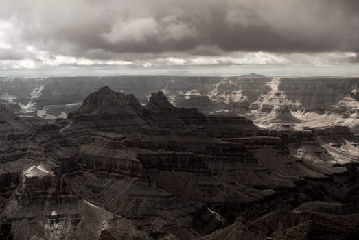 Late afternoon in the Grand Canyon Arizona with stormy sky