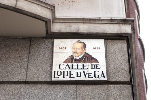 Lope de Vega, key figure in the Spanish Golden Age of literature. Street plaque at Madrid Literary Quarter