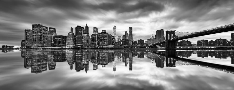 New York City skyline with urban skyscrapers at sunset, USA.