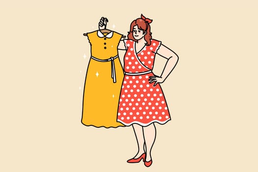 Overweight woman hold hanger with dress on shopping in store. Plump fat female buy clothes in mall. Wardrobe styling and fashion concept. Flat vector illustration, cartoon character.