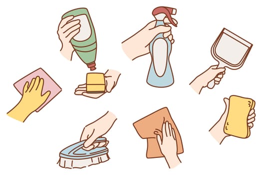 Hand of person clean surface with sponge and detergent. Set of housekeeper professional wash cleanse house. Cleaner or home help give good quality services. Housekeeping. Vector illustration.