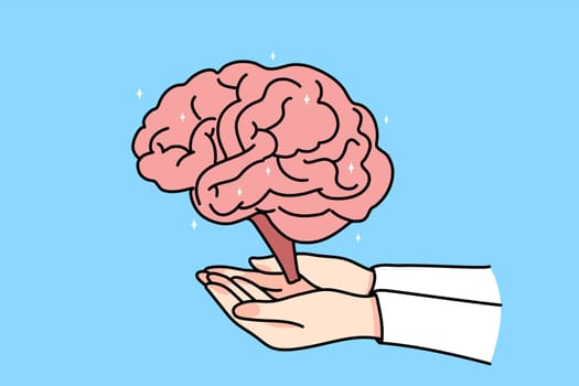 Person hand hold brain explore human body organ. Doctor or neurologist work on neurology mind issues. Neuroscience and healthcare concept. Flat vector illustration.
