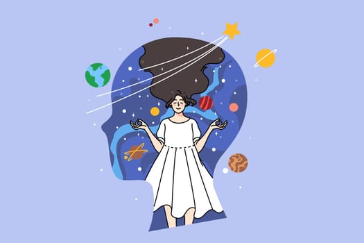 Huge head with calm woman inside meditate with mudra hands. Concept of mindfulness in life. Relaxed girl have meditation session, feel mindful and dreamy. Inner world. Vector illustration.