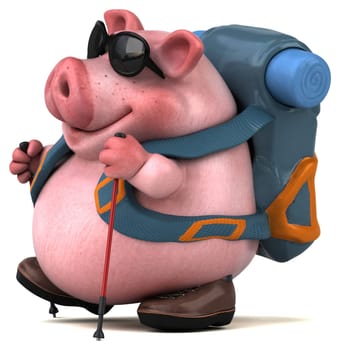 Fun backpacker pig cartoon character