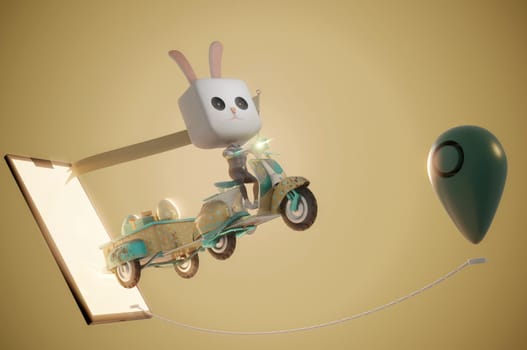 3d illustration. Easter bunny Rabbit riding a scooter . Concept Easter delivery concept.