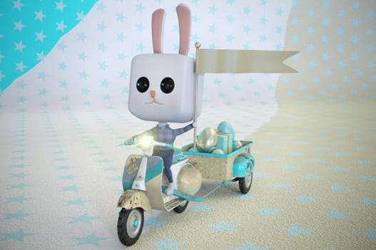 3d illustration. Easter bunny Rabbit riding a scooter .