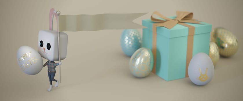 3d illustration. Easter bunny Rabbit holding flag . Easter concept. copy space for text . Web banner format