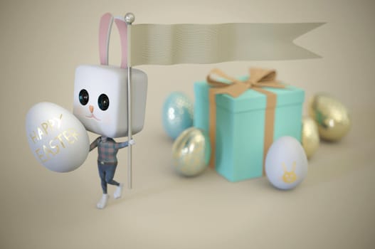 3d illustration. Easter bunny Rabbit holding flag and egg . Easter concept. copy space for text