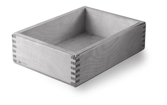The wooden box isolated on the white background. Selective focus