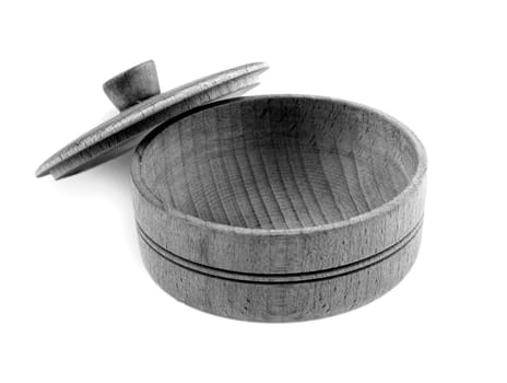 The Empty wooden bowl with a lid isolated on white background. View from above
