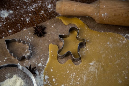 Cookies are cut out of the rolled dough in the form of a man, the pastry chef's hand holds a cookie cutter. High quality photo
