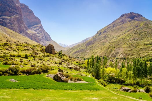 Scenic view of Yaghnob Valley and a mountain village in Tajikistan