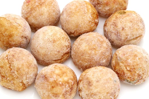 Japanese food, Frozen Takoyaki ball made of flour and octopus on white background