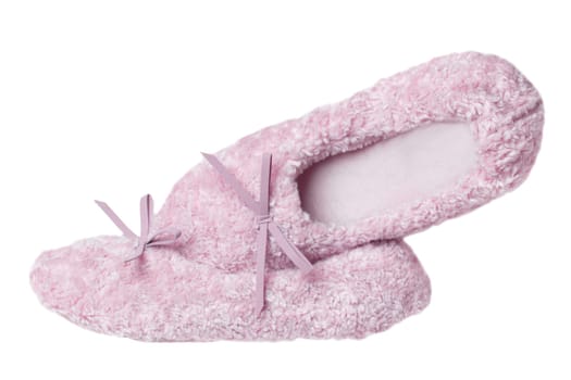 Slippers isolated. Close-up of a pair of female pink warm and soft cosy terry slippers isolated on white background.  Womans shoes.