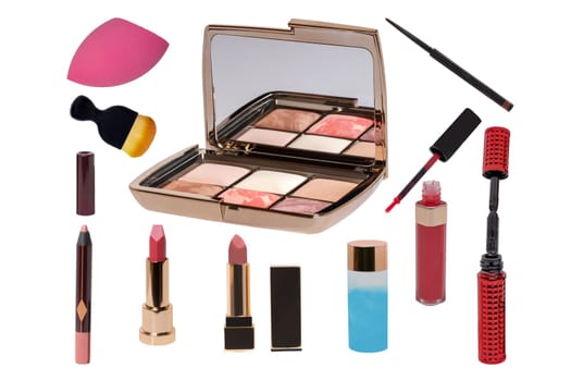 Collage of make up cosmetics and tools. Set of make up brush, lipsticks, skin care products, eye shadows powder, serum for face and other beauty accessories isolated on a white background.