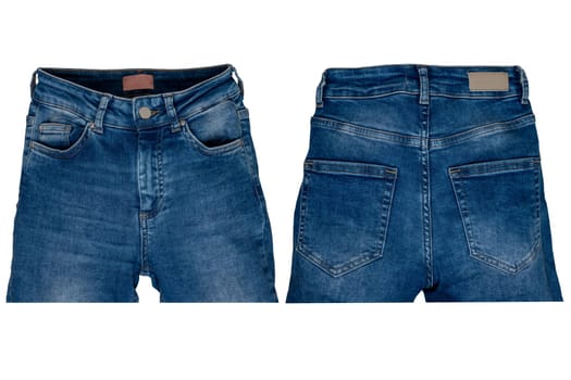 Trendy stylish blue denim pants or trousers isolated on a white background. Womans summer and autumn fashion. Collage set front and back view.