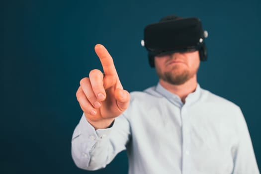 Metaverse digital cyber world technology. Businessman with VR glasses using AR augmented reality. NFT, futuristic lifestyle concept